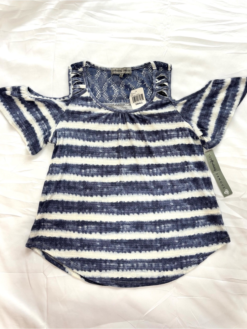 Absolutely Famous Blue & White Cold Shoulder Lace Top Size Small